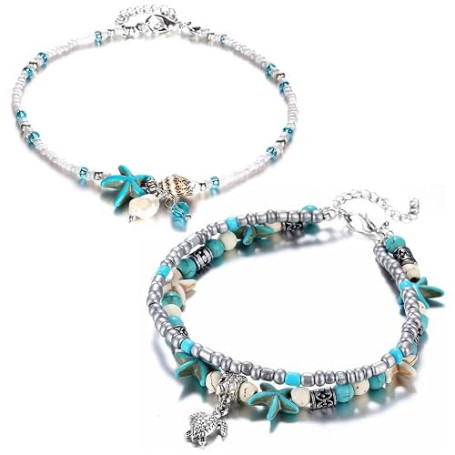 ARHZ Bohême Bracelets De Cheville Pour Femme - à Deux Étages Bracelet Cheville - Étoile De Mer Tortue De Mer Perlé Bracelet De C