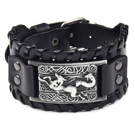 Bracelet en cuir noir Antique argent Viking renard noeud celtique manchette irlandaise large bracelets en cuir style Punk bracel