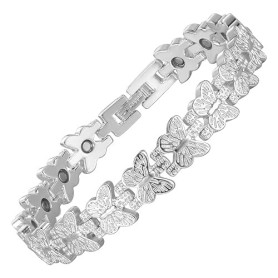 MagEnergy Bracelet en cuivre argenté pour femme - Bracelet magnétique avec motif papillon - Réglable