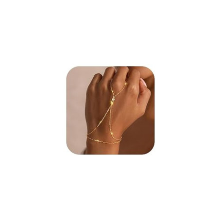 OuryTech Bracelet Femme Or, Bracelet Or et Bijoux, Chaîne de Main Plaquée Or 14K avec Bague, Bijou Tendance Doré Délicat pour Fe