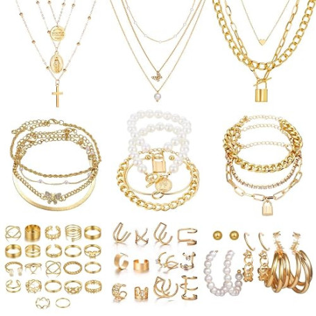 JSTHHTT 60 Pcs Parure Bijoux Femme, Bijoux Femme, Bracelet Femme, Bagues, Collier Femme Or, Ear Cuff, Boucles d'Oreilles Créoles