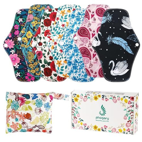 PHOGARY Lot de grandes serviettes hygiéniques réutilisables et lavables en bambou avec ailettes à 4 couches pour flux abondant e