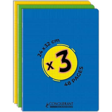 Conquérant Classique Lot de 3 Cahiers 24x32 cm Grands Carreaux 48 Pages Agrafées Seyès, Couleurs Assortis