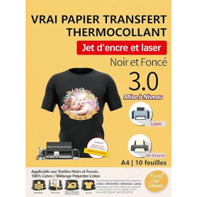TransOurDream 10 Feuilles*A4 Papier Transfert pour Textile Noir&Foncé 3.0 | Compatible Imprimantes Jet d'Encre & Laser,Non Impre