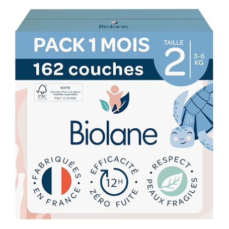 BIOLANE - Couches Bébé Taille 2 (3-6 kg) - Pack 1 Mois - 162 couches | Peaux Sensibles, Ultra-Absorbant, Jusqu'à 12h au Sec, Pas