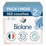 BIOLANE - Couches Bébé Taille 2 (3-6 kg) - Pack 1 Mois - 162 couches | Peaux Sensibles, Ultra-Absorbant, Jusqu'à 12h au Sec, Pas
