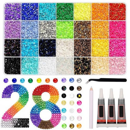28 Couleurs 3mm Strass Ongle Nail Art, 30000+ Pcs Bedazzling Kit | avec Pince à Épiler, Stylo à Pointiller, Rhinestone pour Trav