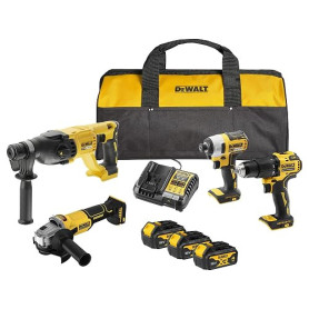 DEWALT Kit Combiné 18V 4 Outils (Perceuse à Percussion Compacte, Visseuse à Impact, Marteau Rotatif SDS-Plus 18V, Meuleuse d’Ang