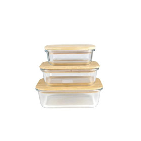 BOITE EN VERRE Lot de 3 boites en verre, couvercles bambou -370 ML, 640 ML & 1050 ML