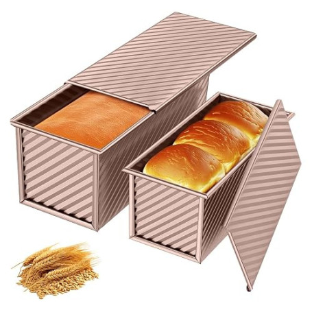 Moule Pain de Mie, 2 Moules à Pain avec Couvercle, Antiadhésif, Or rose | Rectangulaire, 450g & 250g M et L Moule à Toast avec T