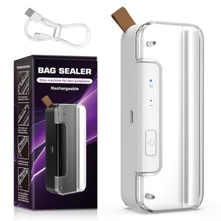 Mini Scelleuse Thermique, Soudeuse Sac Plastique, Portable 2-en-1 avec Cutter et Pied Magnétique - Scellage 2 Niveaux, Rechargea