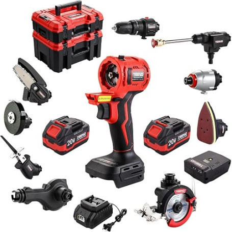 Kit Combiné Sans Fil 20V TEENO, Outil Multi-Fonctionnel Sans fil 11 en 1 Avec étui, Perceuse, Scie Sabre, Scie à Chaîne, Cef à C