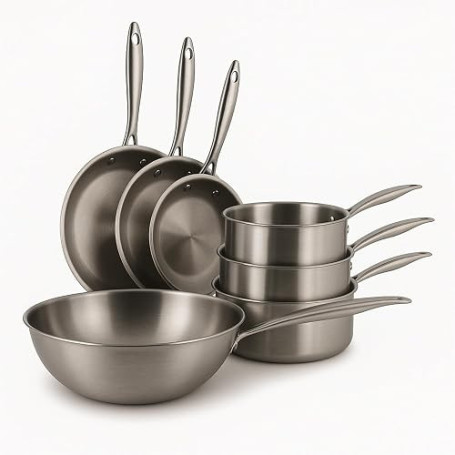 MENASTYL - Batterie de cuisine 7 pièces inox 18/10 Triply tous feux dont induction fabriquée en France sans PFAS - Compatible la