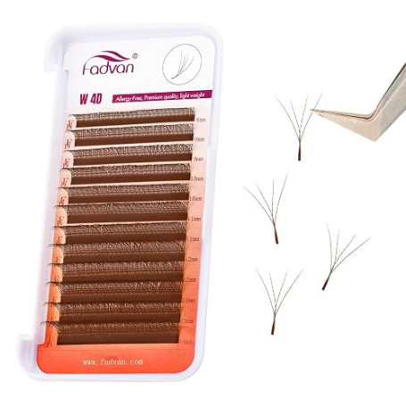FADVAN Faux Cils Individuel Naturel - 4D W Marron Extension Cils Professionnel - D Curl Bouquet Prefait Volume Russe(0.07mm,8-14