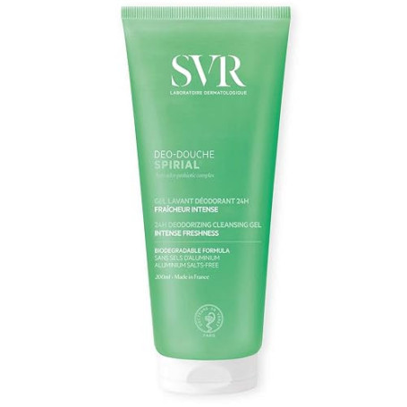 SVR Spirial Déo-Douche nettoyant visage Gel lavant déodorant 24h 200 ml | Complexe probiotique, glycérine, odeurs neutralisées,