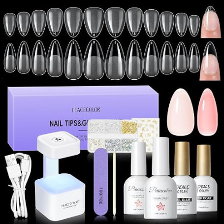 PEACECOLOR Capsule Americaine Ongle Kit 240pcs Faux Ongles Amande | 22 Tailles Capsules Ongles Gel Mini Lampe Uv und Colle Faux