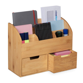 Relaxdays Organiseur de Bureau, 6 Compartiments, 2 tiroirs, Fournitures, Bambou, Rangement, 26 x 33 x 13,5 cm, Nature