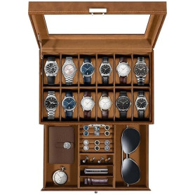 Uten Boîte à Montres 12 Compartiments, 2 Niveaux Coffret à Montres en PU, Couvercle en Verre, Coffret de Rangement pour Montres,