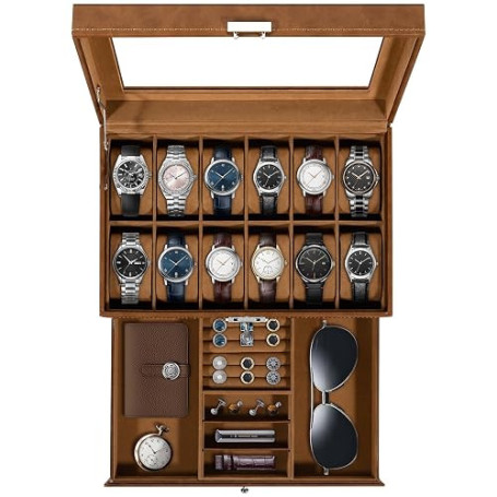 Uten Boîte à Montres 12 Compartiments, 2 Niveaux Coffret à Montres en PU, Couvercle en Verre, Coffret de Rangement pour Montres,