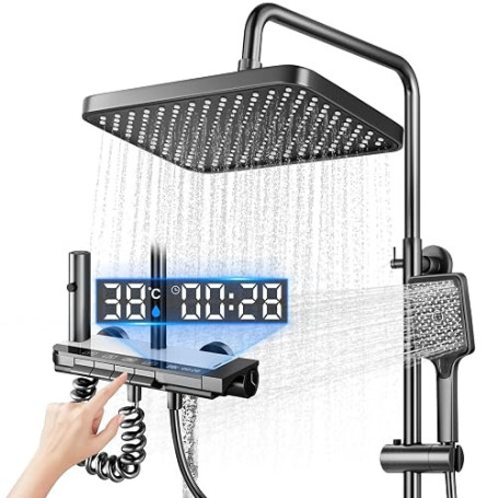 Koeutoze Colonne de Douche Thermostatique avec Affichage Numérique LED, Système de Douche à Effet Pluie avec Douchette à Main et