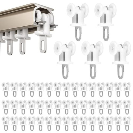 50 Pièces Rouleau pour Rail de Rideaux, Poulie Rideau Rail | Glisseur Rail Rideau avec Crochets, Rouleaux pour Rails de Rideaux