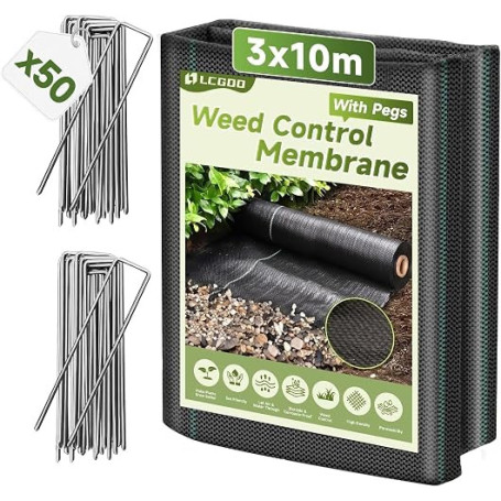 LCGOD Toile de Paillage 1x30m Géotextile Tissé 100g/m² avec 50 Piquets | Haute Densité,Contre les Mauvaises Herbes, Perméable et