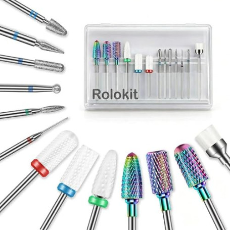 Lot de 13 Embout Ponceuse Ongles, 3/32" professionnels forets à ongles en carbure tungstène diamant céramique avec brosse, pour