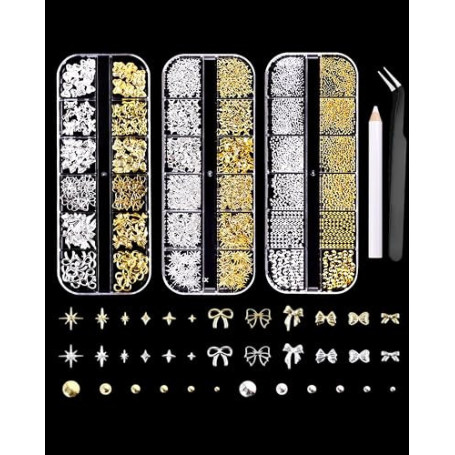 YIPFEN 3 Boîtes Kit Strass Ongles, 36 Types Décoration Nail Art Or Argent avec Pince à Épiler, Accessoires Bijoux Perles Nœuds É