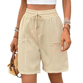HOTIAN Bermuda long élastique pour femme - Taille haute - Jambes larges - Pantalon d'été en coton décontracté avec poches