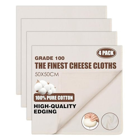 Huglux 4 PCS Etamine Alimentaire, 50 x 50 cm 100% Coton Naturel non Blanchi | Cheese Cloth Ourlé, Lavable Réutilisable Mousselin