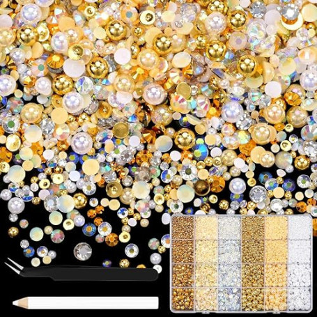 NACHLYNN Lot de 10 000 strass et perles champagne de 3 à 8 mm en résine - Avec stylo à bijoux et pince à épiler - Convient pour