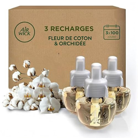 Air Wick Desodorisant Maison Recharge Diffuseur Electrique Fleur de Coton et Orchidée - 3 x 19 ML