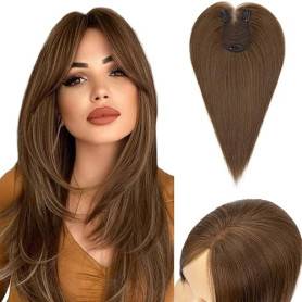 S-noilite Cheveux Topper avec Frange, 27g Sans Frange Cheveux Naturels Topper, Clip in Chevelure Humains pour Femmes, 3 Clips In