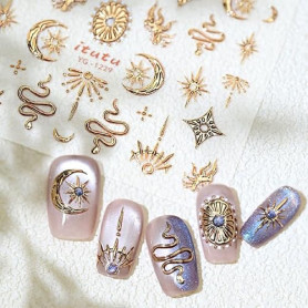 JMEOWIO Sticker 3D pour ongles avec lune dorée, étoile de serpent, autocollant, 5D, stéréoscopique, décoration pour ongles, acce