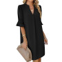 AUSELILY Robe Chemise Femme Été Col en V Manches Volantées Robe Courte | Robe Chemise Femme Été Chic et Élégant, Col Montant V,