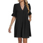 AUSELILY Robe Chemise Femme Été Col en V Manches Volantées Robe Courte | Robe Chemise Femme Été Chic et Élégant, Col Montant V,