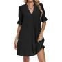 AUSELILY Robe Chemise Femme Été Col en V Manches Volantées Robe Courte | Robe Chemise Femme Été Chic et Élégant, Col Montant V,
