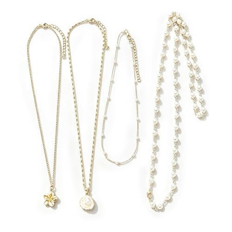 Qubnydg 4 Pièces Colliers Y Bohème Minimalistes Avec Coquillages | Collier Acier Inoxydable Femme Superposé, Fleurs Colliers Ras