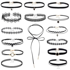 ASTER 15 Pièces Choker Gothic Set Black Collier Femme Fantaisie Choker Ladies Teen Girls Gothic Collar Lace Ras de Cou Femme D'H