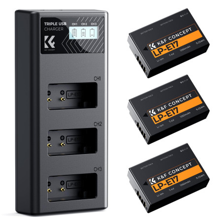 K&F CONCEPT LP-E17 Batterie et LCD Chargeur à Trois Slot 3 x 1250 mAh | Compatible avec Canon EOS R100 R50 RP R10 R8, Powershot