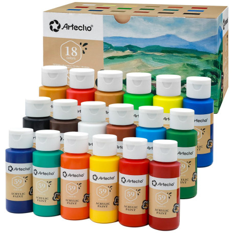 Artecho Peinture Acrylique 18×59 ml, Peintures pour Artiste, pour Papier, Roche, Bois, céramique, Tissu.
