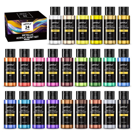 ARTFLY peintures acryliques métallisées, 24 couleurs métallisées en flacons de 60 ml, peinture acrylique, pigments riches, idéal