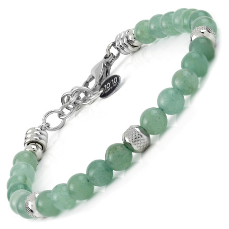 10:10 Bracelet avec pierres d'Aventurine naturelle diamètre 6 mm, perles diamantées en acier inoxydable hypoallergénique, bracel