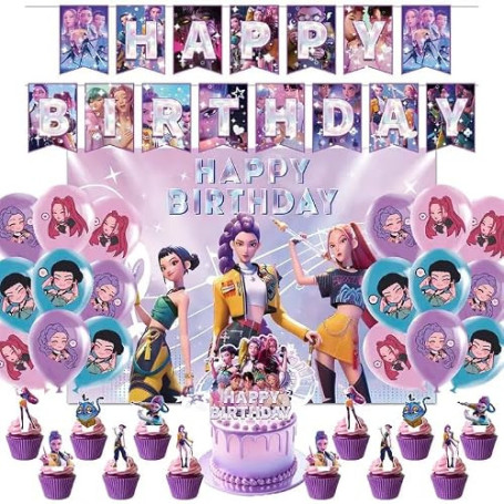 Ensemble de Décoration pour Fête D'anniversaire 45 pièces KPO Demo Hunte – Bannière, pic à Gâteau, Fond Décoratif, Décoration de