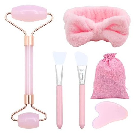 VEGCOO Quartz Rose Rouleau Gua Sha Kits, Jade Roller Visage et Pierre de Guasha, Massage pour Visage Cou Corps Muscles