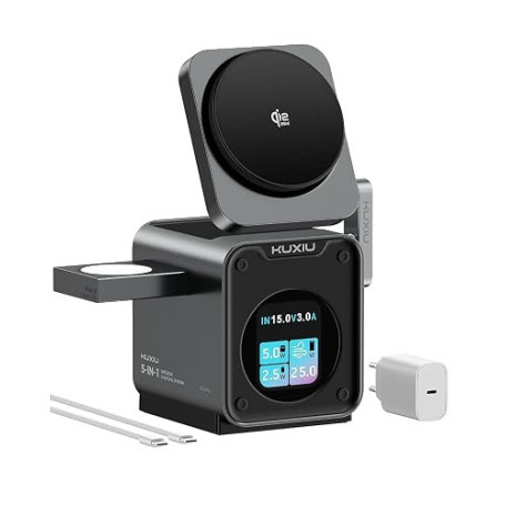 KU XIU 3‑en‑1 Station de Charge 25W, TFT Écran Intelligent et Ventilateur | Certification Qi2.2 25W, MagSafe-Compatible Chargeur