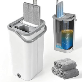 MASTERTOP Serpillière Seau Essoreur, Balai Plat Microfibre Rotative 360° | Seau Essoreur Auto-Lavage, Vadrouille de Mains Libre
