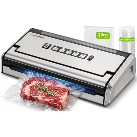 Bonsenkitchen Machine Sous Vide, Soudure 5mm Étanche Anti-Fuite | Acier Inoxydable, Une Main & Pulse Sec/Humide, 1 Rouleau de Sa