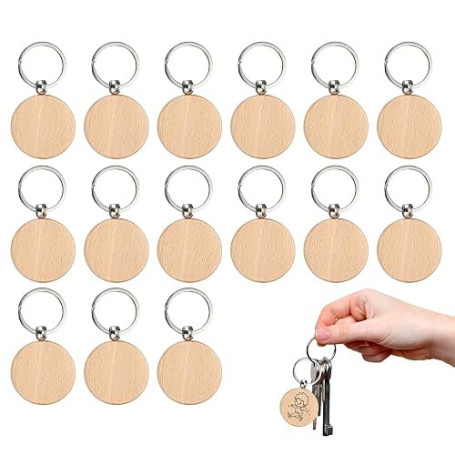 15 Pièces Porte Clé Bois Vierge pour Gravure Laser et Pyrogravure | surface lisse sans noeud, epaisseur 7mm solide, chaine metal