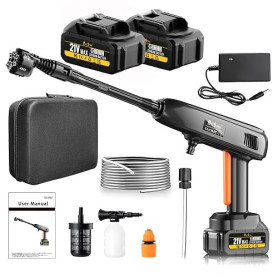 Nettoyeur Haute Pression sans Fil Portable, Lot de 2 Batteries | 1200 PSI, 336 l/h, Buse 6 en 1, Canon à mousse réglable, Pour v